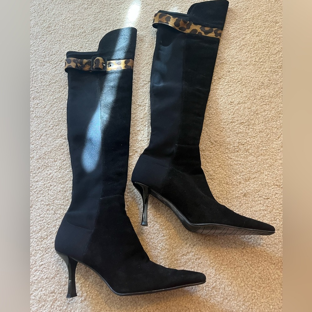 Stewart Weitzman suede boots with leopard detailed strap.
